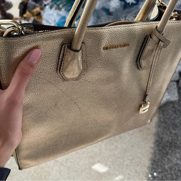 Michael Kors Mercer Large Metallic Pebbled Leather Tote Gold Shoulder Bag