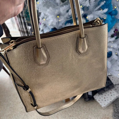Michael Kors Mercer Large Metallic Pebbled Leather Tote Gold Shoulder Bag